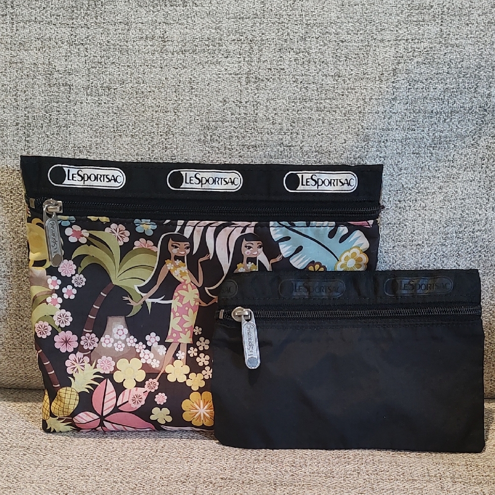 (2) LeSportSac Zip Pouches•Hawaiian Aloha Hula GirlsFloral +Black•Uses